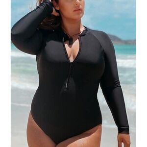 Relleciga 2XL Black Long Sleeve Zip Front One Piece‎ Swimsuit